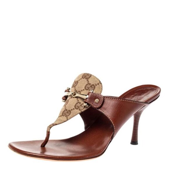 Gucci Horsebit Brown Leather and GG Canvas Slide Sandals Size 8.5B - Picture 1 of 10
